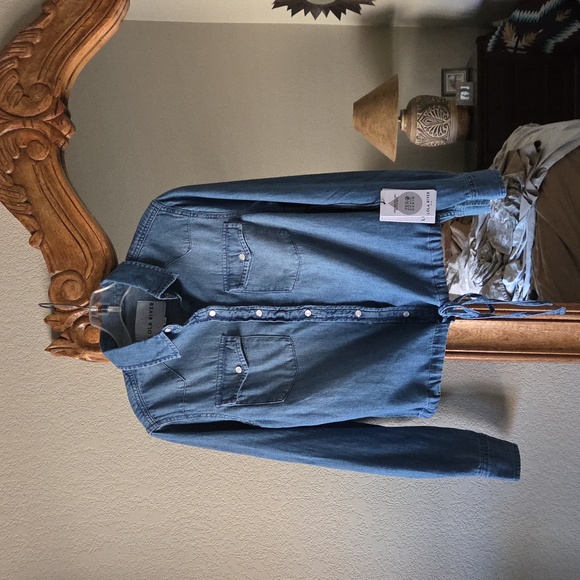 Lola River Blue Denim Button-Up Shirt With Drawstring NWT - Picture 2 of 7